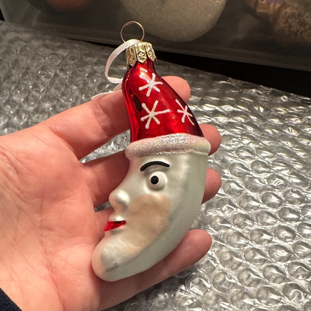 Festive Moon Santa Ornament - Red and White